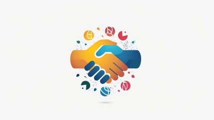 A vibrant and colorful handshake illustration featuring abstract elements and symbols, representing unity, agreement, cooperation, and partnership in a creative style.