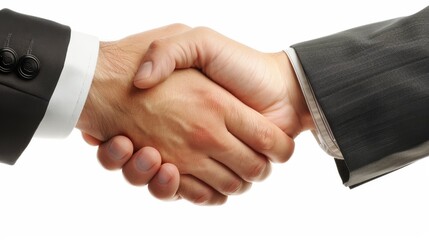A close-up view of a professional business handshake, highlighting the formal attire and firm grip that symbolizes trust, cooperation, and unity in a professional setting.