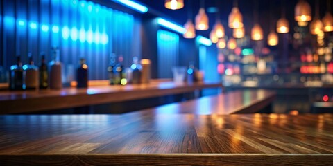 Obraz premium Atmospheric Bar Counter at Night. A close-up view of a polished wooden bar counter in a dimly lit nightclub or bar.
