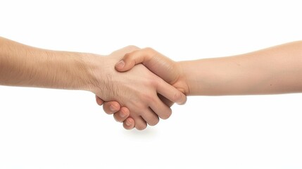 A close-up shot of two hands engaged in a handshake against a completely white background, symbolizing agreement, partnership, trust, and human connection.