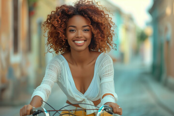 Cycle to Work Day. A photo of a happy black woman riding a bicycle with a shopping basket, wearing a white shirt and yellow jeans on the street in front of a store 