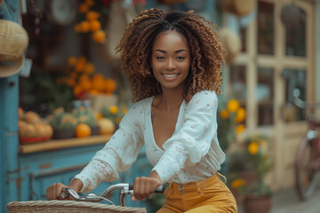 Cycle to Work Day. A photo of a happy black woman riding a bicycle with a shopping basket, wearing a white shirt and yellow jeans on the street in front of a store 