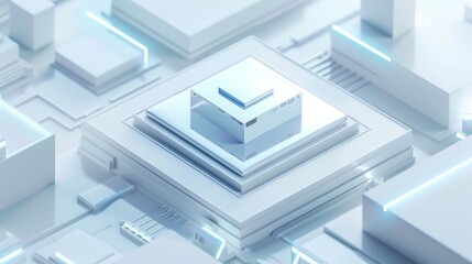 Minimalist illustration of a futuristic white background with a blue glow, geometric shapes and a small square in the middle containing an AI chip, with a tech aesthetic
