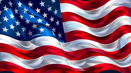 A glossy and wavy illustration of the American flag, rendered in vivid colors. The image captures the flag fluttering in the wind, symbolizing freedom, pride, and the resilience of the American spiri