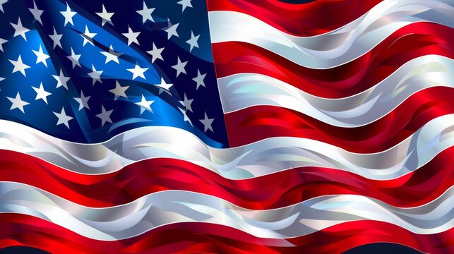 A glossy and wavy illustration of the American flag, rendered in vivid colors. The image captures the flag fluttering in the wind, symbolizing freedom, pride, and the resilience of the American spiri