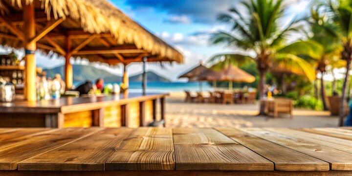 Tropical Beach Bar at Sunset. This image depicts a rustic, wooden beach bar set against the backdrop of a tropical paradise.  Perfect for showcasing your product or message with a touch of paradise.
