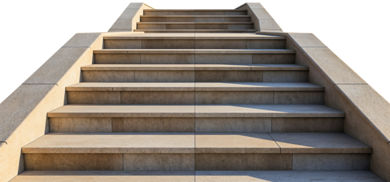 Outdoor concrete railing stone staircase stairway isolated on transparent background. Urban building architecture climbing way up, travel construction structure, no people