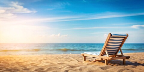 Fototapeta premium Serene Beach Morning with Sun Lounger. A single wooden sun lounger awaits on a pristine sandy beach, bathed in morning sunlight with the calm sea in the background, inviting relaxation.