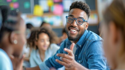 A happy teacher conversing joyfully with students in a vibrant classroom, building a nurturing connection that promotes a love for learning and education.
