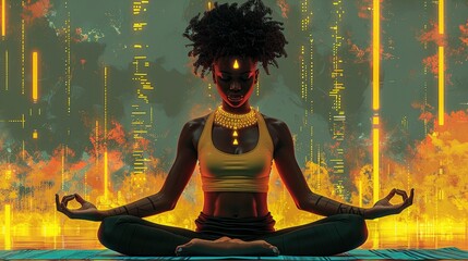  Augmented reality yogi with neon chakras, vector illustration with fractal patterns, urban landscape, clean lines, 