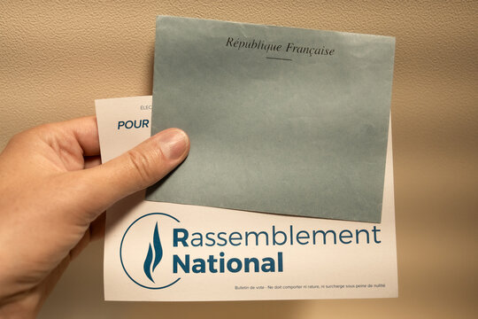 PARIS, FRANCE - JUNE 30, 2024: Ballots with the names of candidates Rassemblement national for elections legislative