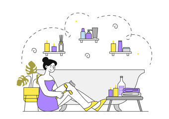 Woman with self massage. Young girl massages her legs with massage roller. Beauty procedures and getting rid of cellulite. Relaxation and wellbeing. Linear flat vector illustration