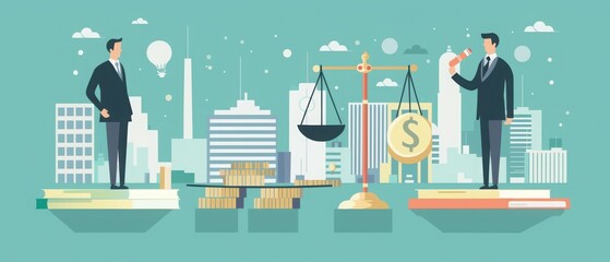 Businessmen balancing money and justice on a scale over cityscape background, symbolizing equality and financial responsibility.
