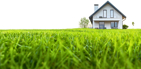 Modern white house or home building architecture with grass backyard, isolated on transparent background. Outdoor exterior property view, summer lawn meadow, residential mortgage, real estate