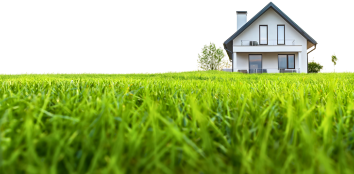 Modern white house or home building architecture with grass backyard, isolated on transparent background. Outdoor exterior property view, summer lawn meadow, residential mortgage, real estate