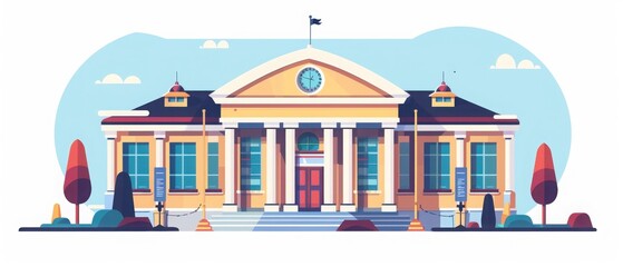 Colorful illustration of a public building with a domed roof, large pillars, surrounded by trees under a clear sky with clouds.