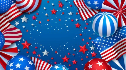 Obraz premium A festive scene filled with American flags, stars, and balloons on a blue background, representing patriotic celebration, joy, and the unity of American spirit.