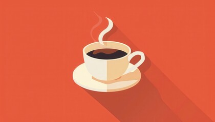 Obraz premium Flat design of a steaming cup of coffee against a vibrant orange background, illustrating freshness and warmth in a simple graphical style.