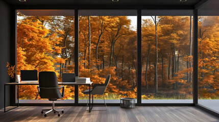 Nobody in empty modern stylish elegant contemporary business office with chairs and table, autumn fall forest trees nature seen through glass window. October, September, November workspace workplace