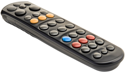 Closeup of black TV remote controller with buttons isolated on transparent background. Television entertainment switch channel technology device object, electronic film movie media equipment