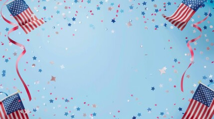 An overhead shot of American flags and confetti spread out on a blue background, creating a festive and patriotic atmosphere ideal for national celebrations.