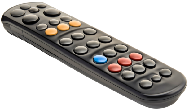 Closeup of black TV remote controller with buttons isolated on transparent background. Television entertainment switch channel technology device object, electronic film movie media equipment