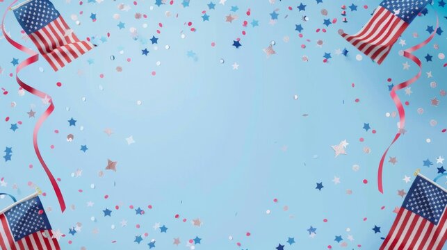 An overhead shot of American flags and confetti spread out on a blue background, creating a festive and patriotic atmosphere ideal for national celebrations.