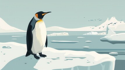 Fototapeta premium Illustrated penguin standing on an icy landscape with icebergs and a serene arctic backdrop in a minimalist design.