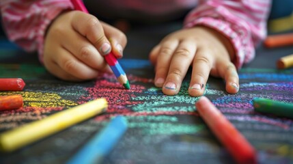 Obraz premium This close-up image captures a child’s hands drawing on a chalkboard with vibrant chalk, highlighting the essence of childhood creativity and artistic exploration in a relaxed setting.