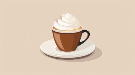 Obraz premium Illustration of a coffee cup with a generous swirl of whipped cream on top, set on a white saucer against a light brown background.