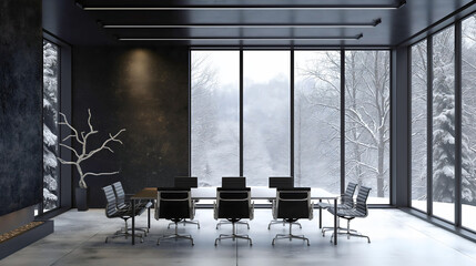 Nobody in empty modern stylish elegant contemporary business office with chairs and table, snowy winter nature outside the window, corporate company holiday, cold weather, December, warm