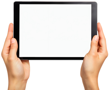 Closeup of person hand holding the black tablet, isolated on transparent background. Blank empty white screen mockup template, business communication device gadget, advertise display