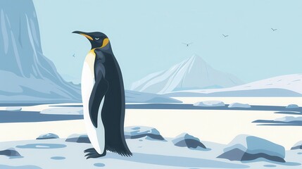 Fototapeta premium Illustration of a penguin in an icy Antarctic landscape with mountains and icebergs in the background, showcasing arctic wildlife.