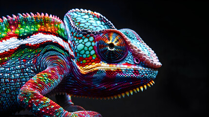 Fototapeta premium Stunning close up shot of a vibrant colorful chameleon revealing its intricate mesmerizing pattern of scales and skin textures