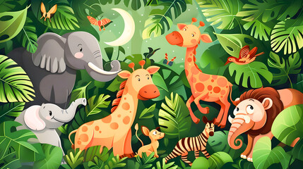 Naklejka premium Visually Stunning Depicting a Lush Vibrant Jungle Habitat with a Diverse Array of Wild Animals such as Elephants Giraffes Monkeys Tigers and Toucans Coexisting in a Thriving Tropical Environment