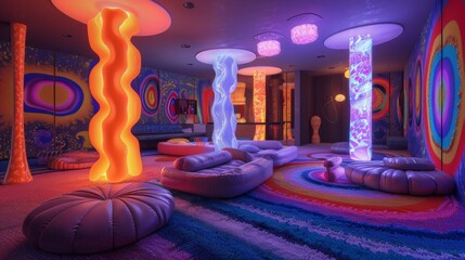 s retro decor, the room is filled with groovy vibes, featuring psychedelic patterns on s-inspired walls lava lamps ooze vibrant colors, adding a retro touch to the space