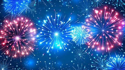 The image captures an array of bright fireworks exploding in the night sky with vibrant colors of blue and red, creating a festive and celebratory atmosphere.