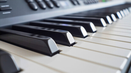 Closeup of black and white piano musical instrument keyboard keys. Classical melody sound concert performance entertainment, pianist musician synthesizer equipment
