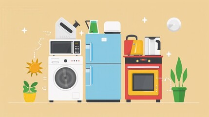 Obraz premium Illustration of various home appliances including a refrigerator, washing machine, oven, and kitchen items in a modern, colorful style.