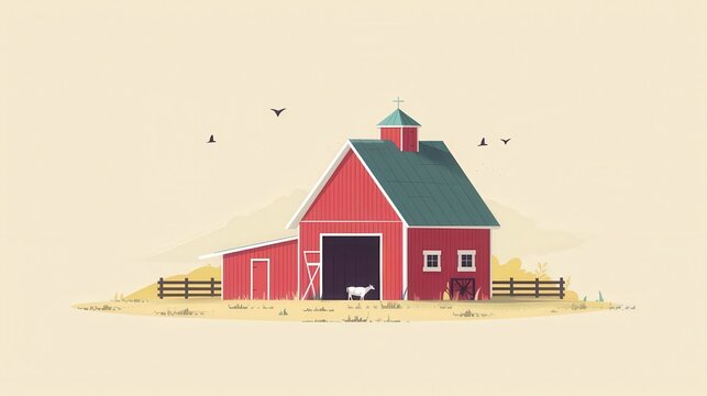 recommend clip art: Illustrative image of a red barn with a green roof and a goat standing outside, set in a minimalist rural landscape.
