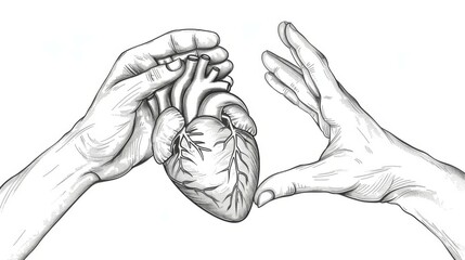 A pair of hands is brilliantly sketching and positioning an anatomically precise heart, encapsulating themes of artistic craftsmanship, desire, and the lifeforce core.