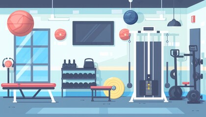Naklejka premium Modern gym interior with exercise equipment, free weights, and a bench in a bright, spacious room. Perfect for fitness and health enthusiasts.