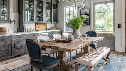 Fototapeta premium farmhouse dining space, cozy farmhouse dining area featuring a charming table with intricate carvings, surrounded by a mix of upholstered chairs and wooden benches