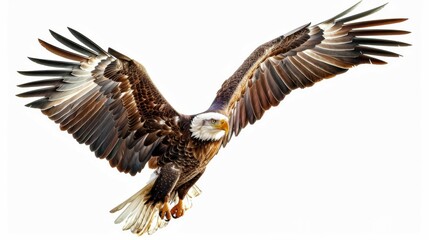 Obraz premium A highly realistic and detailed image of a bald eagle in mid-flight with its powerful wings fully spread, showcasing the bird's strength and majestic nature in the sky.
