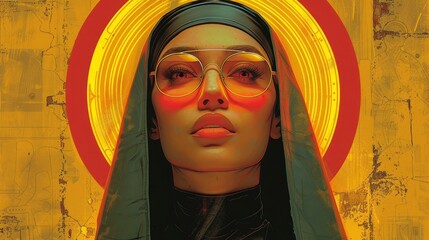  Digital priestess with bioluminescent glow, vector graphic with fractal symbols, desert horizon, clean lines, 