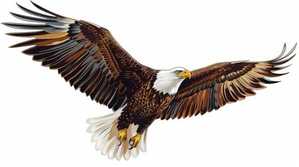 Obraz premium A beautifully illustrated image of a bald eagle in mid-flight, with its wings open wide showcasing fine details and vibrant colors, representing freedom and power.