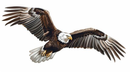 An animated rendering of a bald eagle flying high with its full wingspan on display, capturing the essence of freedom, strength, and the majestic nature of the wildlife creature.