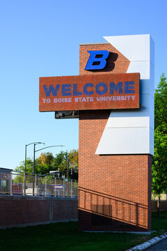 Boise, ID, USA - June 10, 2024; Electronic signpost with Welcome to Boise State University and logo