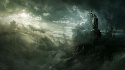 Fototapeta premium A moody and dark depiction of the Statue of Liberty standing amidst heavy clouds and an ominous sky, representing strength, hope, and endurance in challenging times.