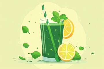 Refreshing green smoothie with mint leaves, lemon slices, and a striped straw. Healthy and invigorating drink perfect for a hot day.